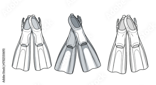 Three pairs of black and white line art illustrations of scuba diving fins against a white background.