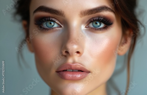 Glamour close-up portrait of young woman with blue eyes. Makeup artist created pro eye and face makeup. Beauty model poses in studio. It is a concept shot for magazine. Elegant look.
