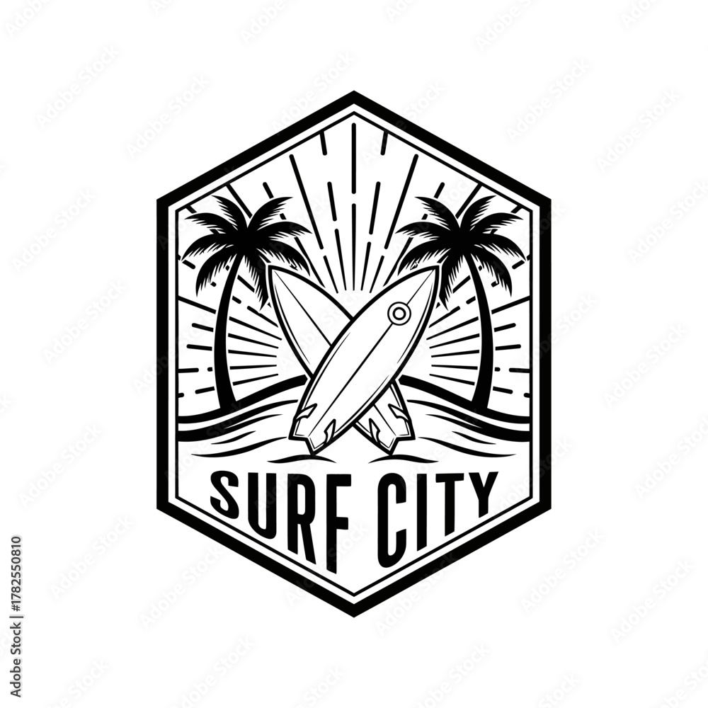 Naklejka premium Surf City Logo with Palm Trees and Surfboards in Black and White.