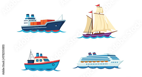 Colorful illustration depicting various types of boats and ships on water