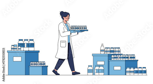 Scientist in a lab coat carrying a tray of vials through a storage area with shelves and bottles.