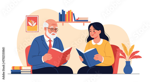 An older man and a younger woman reading books together in a cozy setting.