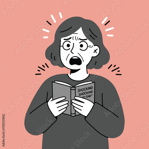 Anxious person reads "Shocking Reality End?" book. Graphic depicts emotion, with expressive lines and a muted color palette