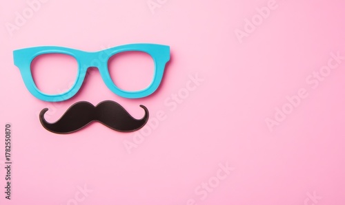 Playful accessories including bright blue glasses and a black mustache on a pastel pink background