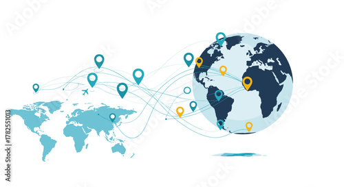 Global network of interconnected locations and travel routes visualized with a world map and globe.