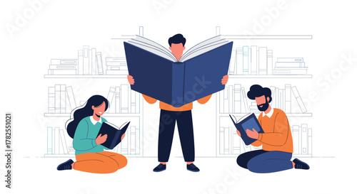 Three people are reading books in front of bookshelves, enjoying literature.