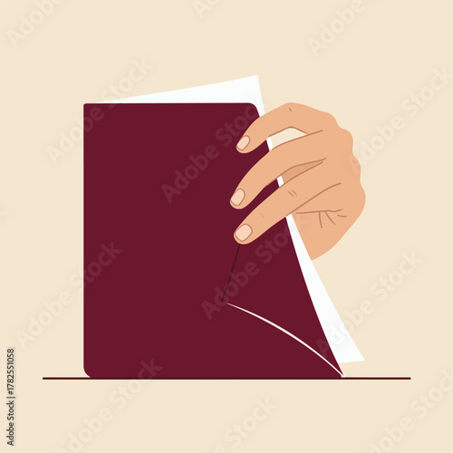 An illustration depicting a hand opening a maroon book against a neutral backdrop, revealing white pages