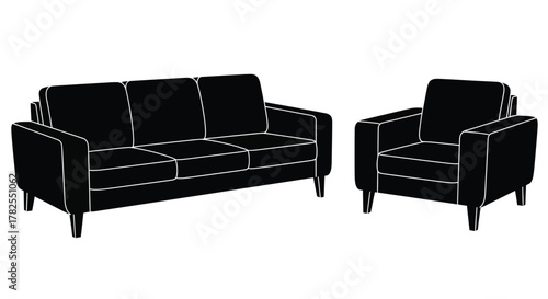 Black outline of a modern sofa and matching armchair set