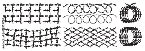 Barbed wire silhouette vector -White background with Black barbed wire horizontal vector. Straight line sharp barbed wire illustration vector