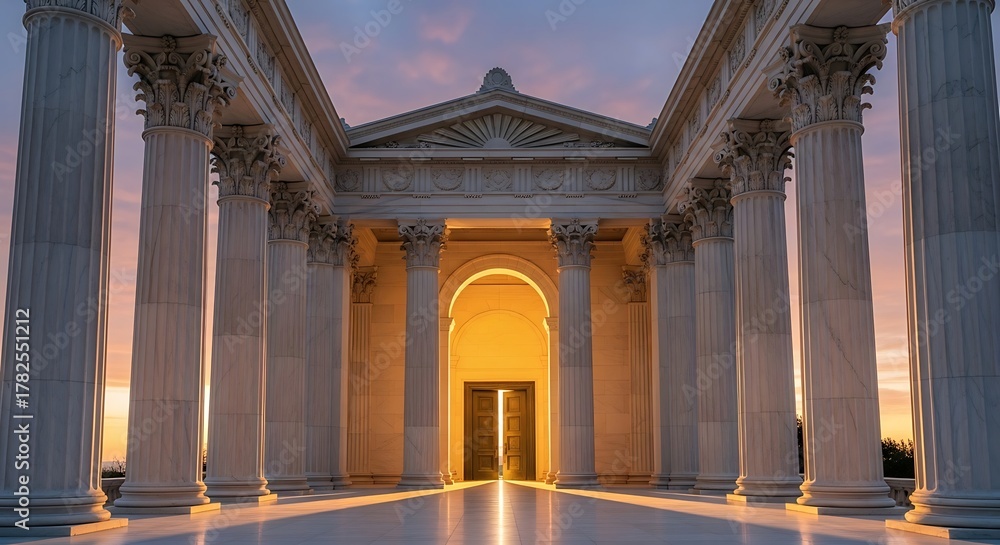 Obraz premium Imposing classical building with a grand entrance illuminated by a warm glow, representing the gateway to knowledge, justice, and timeless wisdom