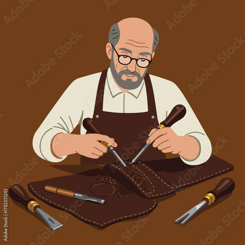 A craftsman with glasses and apron, diligently carving leather. Tools surround, showcasing the process