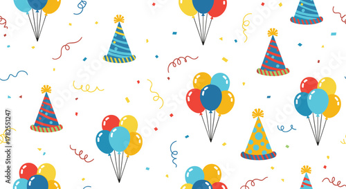 Seamless pattern of colorful birthday party hats and balloons on a white background.