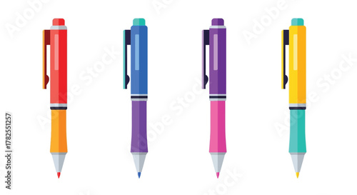 Colorful ballpoint pens arranged in a row on a white background