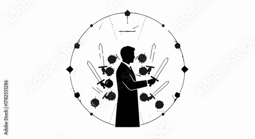 Man in suit surrounded by swords and clock hands representing strategy and decision making