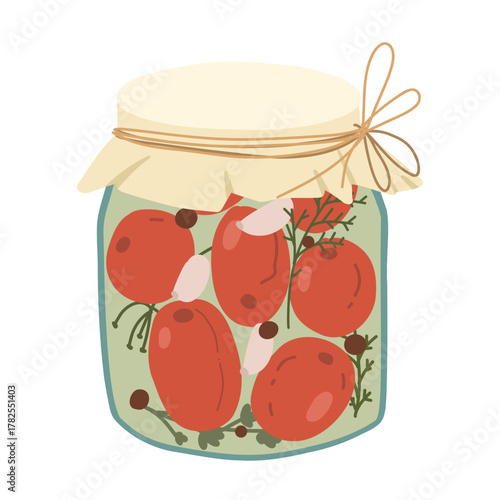 Vector illustration of pickled tomatoes in a glass jar. Hand-drawn preserved vegetables design perfect for farm market labels, kitchen decor, organic food packaging.