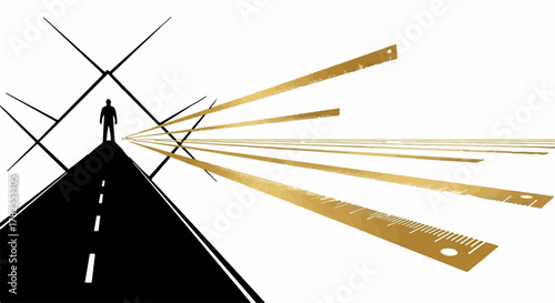 Silhouette of a person standing at the end of a road looking towards a bright, abstract future with golden rays