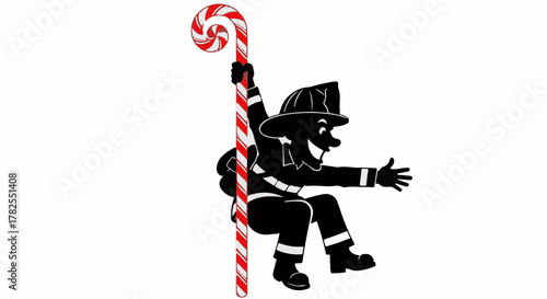 Whimsical firefighter slides down a giant candy cane, spreading holiday cheer