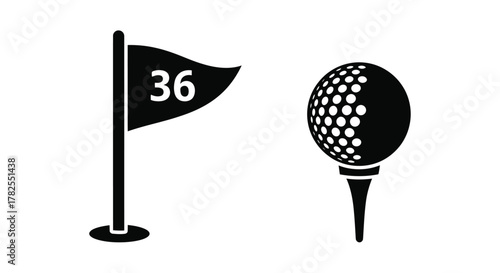 Black and white illustration of a golf flag and golf ball