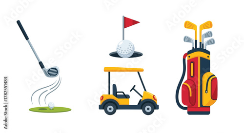 A colorful illustration depicting golf equipment including clubs and a cart