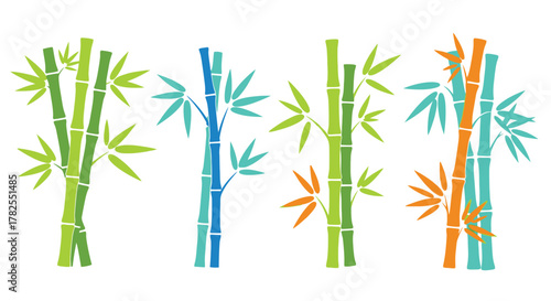 Colorful bamboo stalks with lush green leaves simple vector illustration