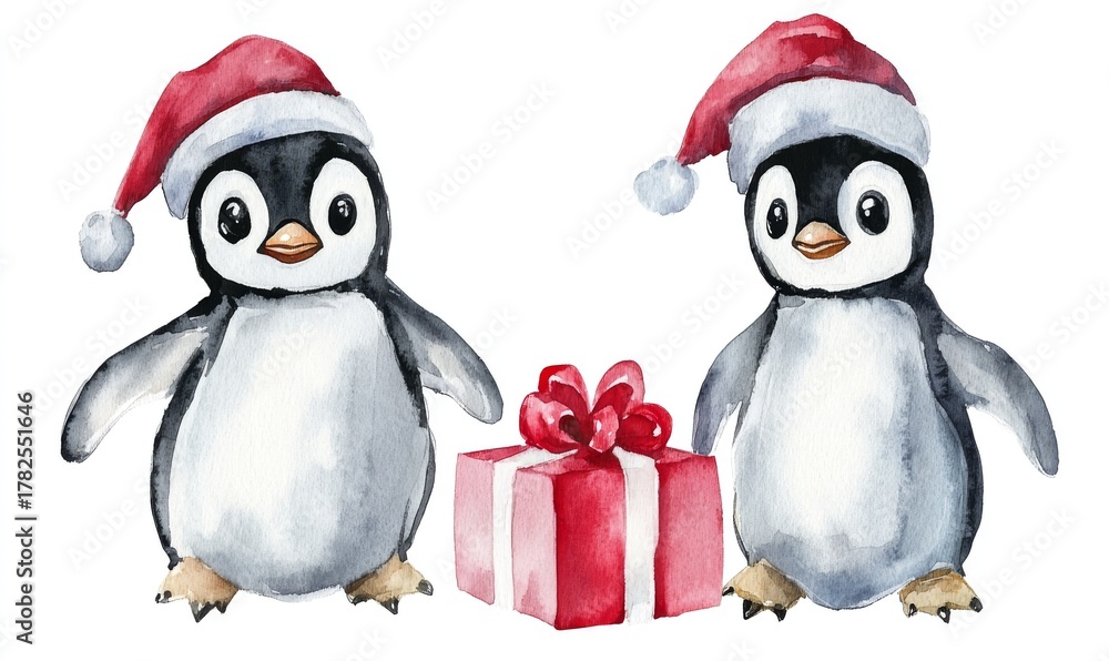Fototapeta premium Two adorable penguins wearing Santa hats standing beside a wrapped gift with a red bow for a festive holiday scene