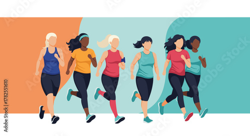 Group of diverse women running together in a stylized illustration.