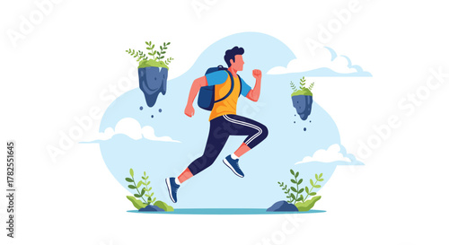 Man with backpack running through a surreal landscape with floating islands and plants.