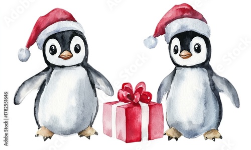 Two adorable penguins wearing Santa hats standing beside a wrapped gift with a red bow for a festive holiday scene