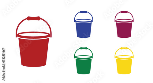 Colorful buckets arranged in a row displaying various shades and forms