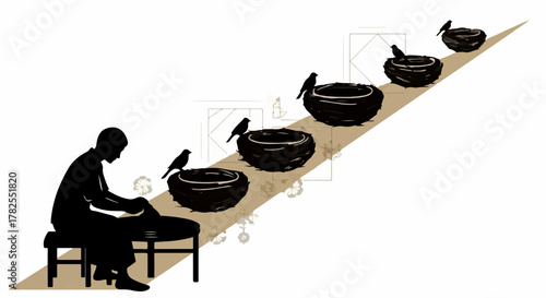 Artisan creating pottery with birds observing the process