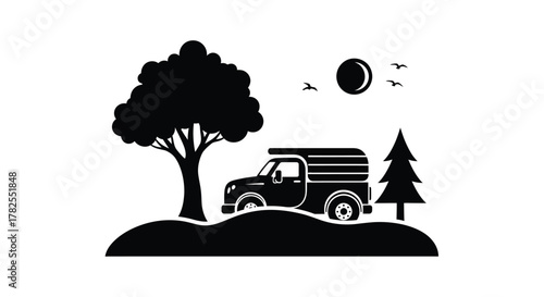A simple black and white illustration of a camper van adventure scene