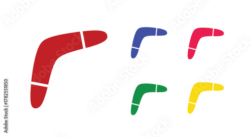 Colorful boomerangs in red blue pink green and yellow are shown