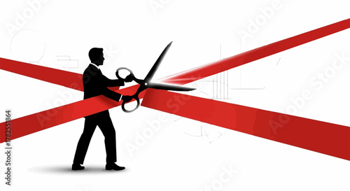 Man in suit cutting red ribbon with large scissors, symbolizing achievement and new beginnings.