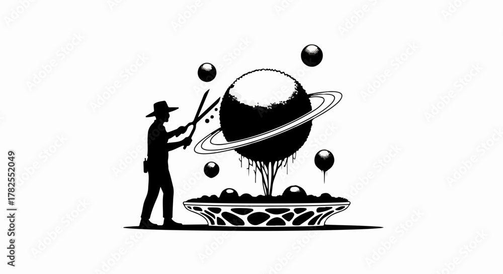 Fototapeta premium Silhouette of a person in a hat tending to a cosmic garden with a ringed planet and bubbles