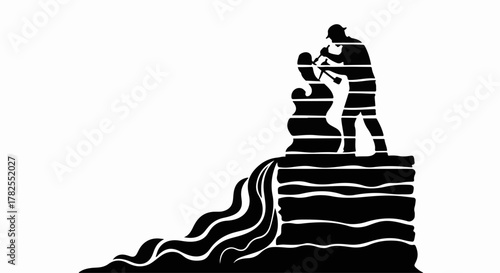 Artist meticulously carving a sculpture with flowing water detail