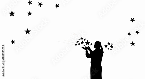 Silhouette of a person releasing stars into the night sky, creating a magical, whimsical scene.