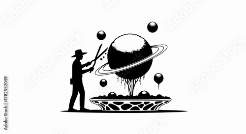 Silhouette of a person in a hat tending to a cosmic garden with a ringed planet and bubbles