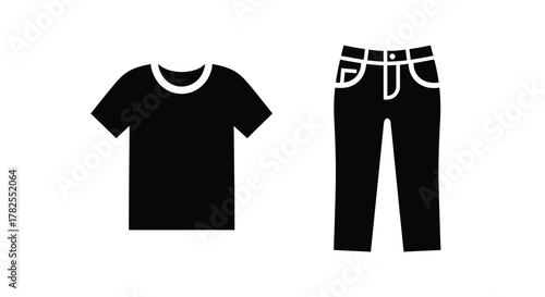 Simple black and white icons depicting a t shirt and pants