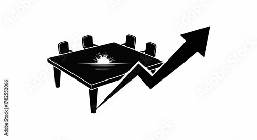 Business meeting table with rising arrow symbolizing growth and success