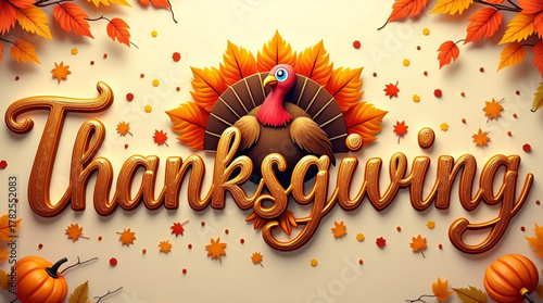 Decorative “Happy Thanksgiving” lettering in elegant calligraphy style surrounded by autumn leaves, pumpkins, acorns, and a cheerful turkey illustration, perfect for festive banners or greeting cards