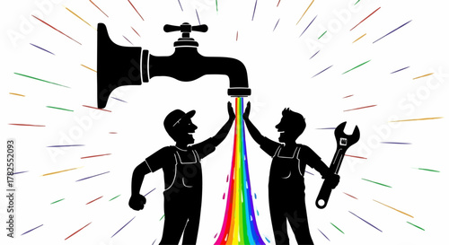 Skilled workers celebrate a successful colorful plumbing project with a high five.