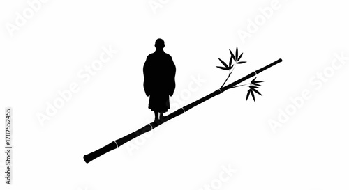 Serene monk in silhouette balances on a thin bamboo stalk amidst nature's simplicity.