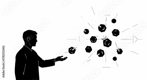 Silhouette of a man extending his hand to a cluster of abstract geometric shapes, representing ideas and innovation.