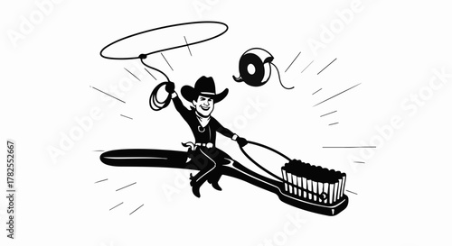 Cowboy with lasso riding a giant toothbrush with dental floss