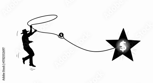 Cowboy lassos a star with a dollar sign, symbolizing financial success and ambition.