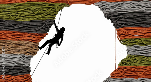 Silhouette of a rock climber rappelling through a colorful, textured opening