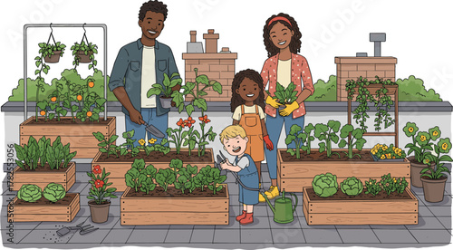 Urban rooftop garden, family gardening, sustainable lifestyle, vegetable harvest, eco-friendly activity, city greenery, planter boxes, kids gardening, fresh produce, bonding outdoors