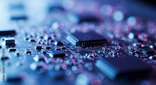Close up of a futuristic blue and purple illuminated computer circuit board with microchips