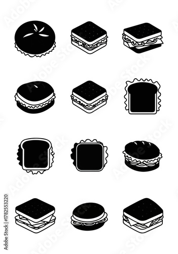 Assortment of sandwich icons isolated on dark background