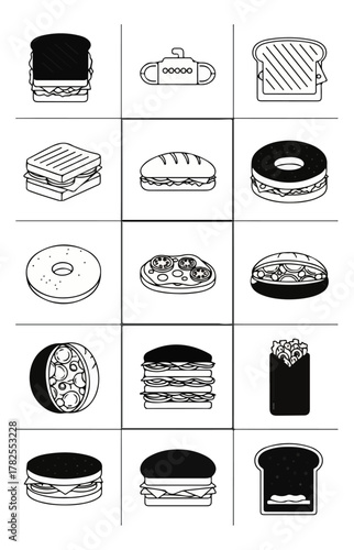Assortment of sandwiches in black and white grid for food concepts